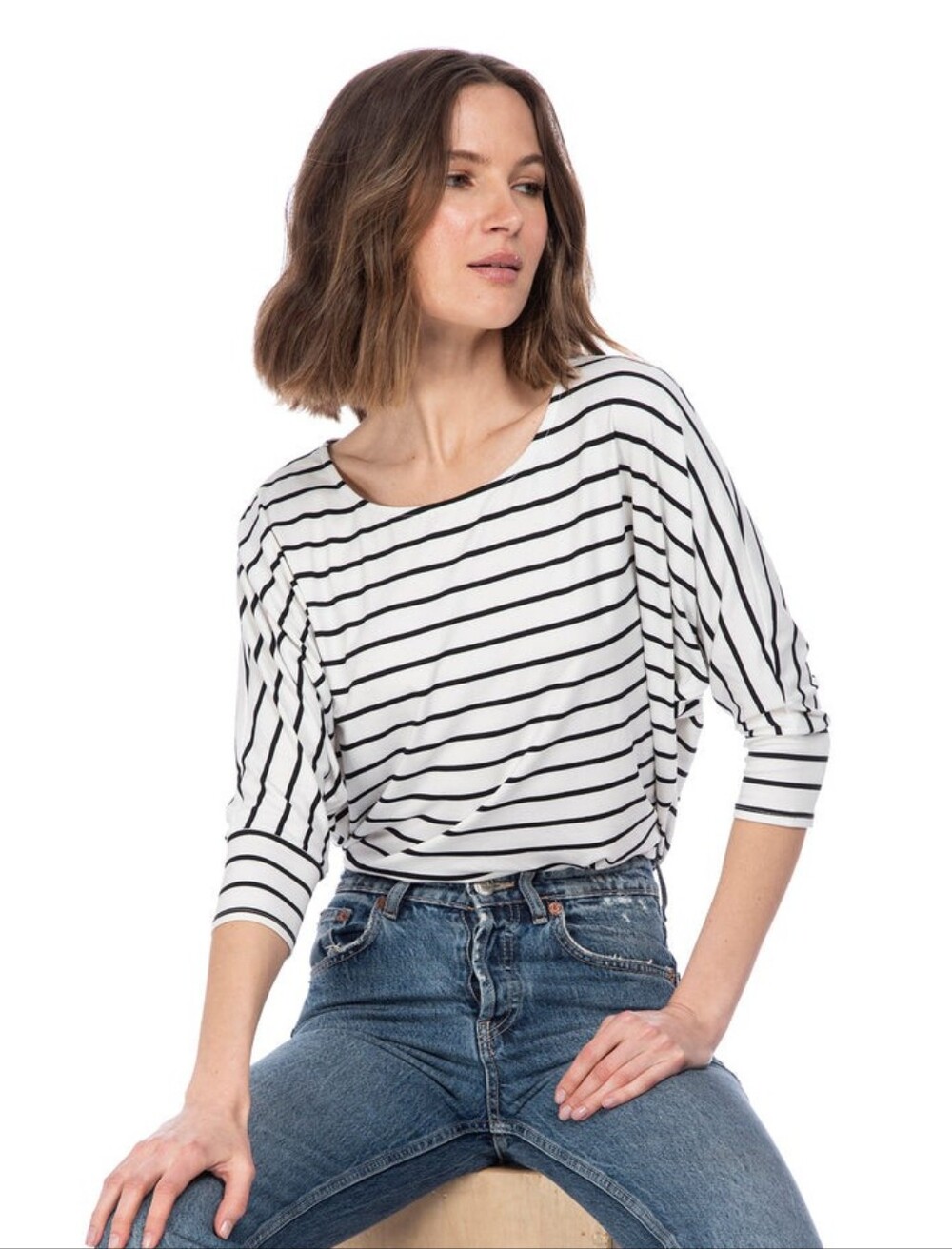 BOBEAU Black/White Striped 3/4 Sleeve Dolman Butter Knit Top Super Soft Size LG